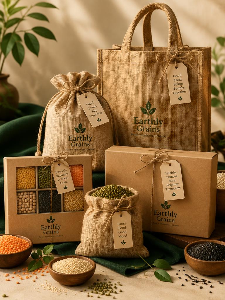 Gift boxes and jute bags of grains arranged together