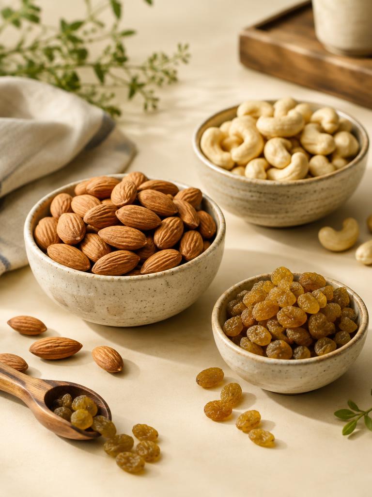 Bowls of almonds, cashews and raisins