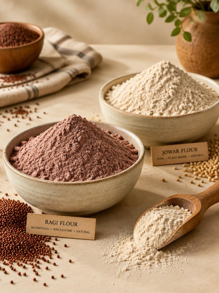 Bowls of ragi flour and other flours with wooden scoops
