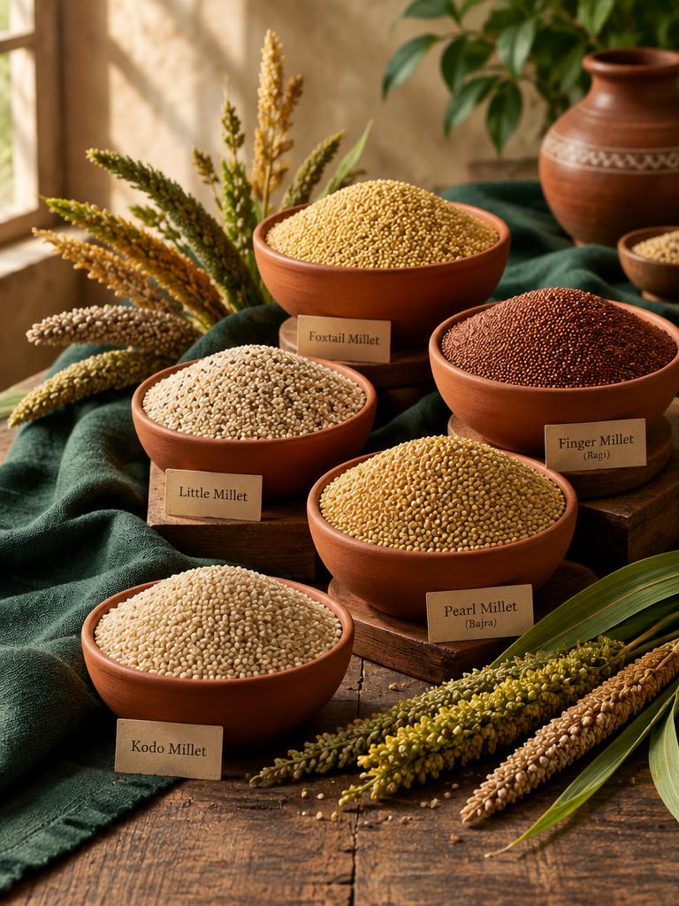 Bowls of assorted Indian millets on a wooden table