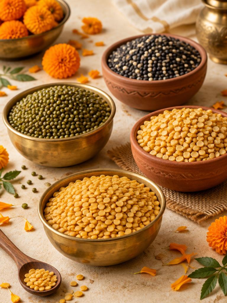Bowls of green gram, black gram, chana dal and other pulses