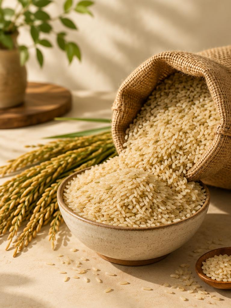 A bowl of white rice next to a jute sack and rice stalks