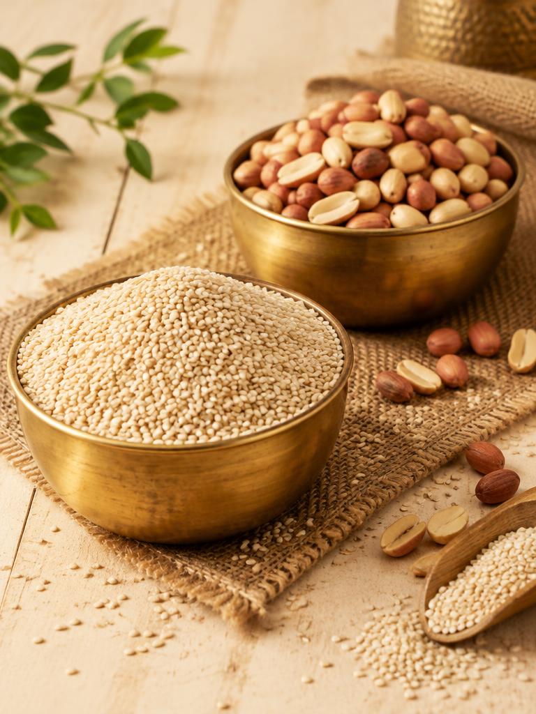 Bowls of groundnuts and sesame seeds