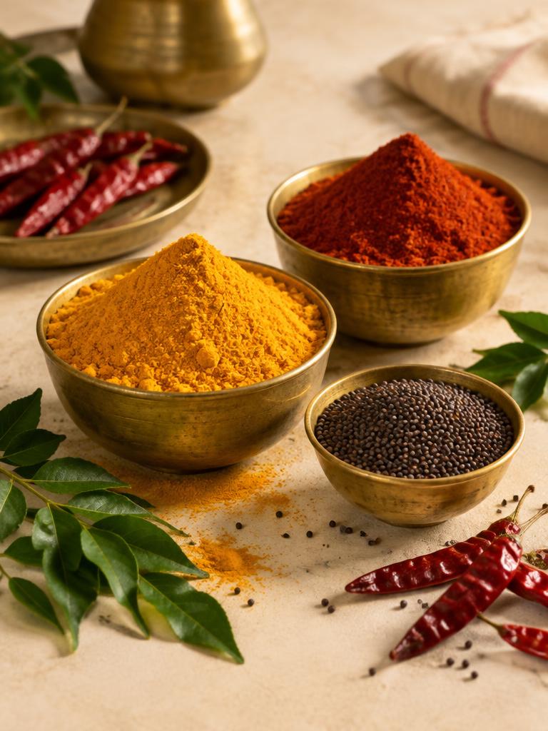 Turmeric, red chilli powder, mustard and dried red chillies