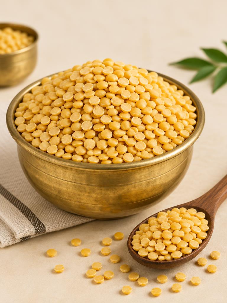 Split toor dal (kandipappu) in a brass bowl