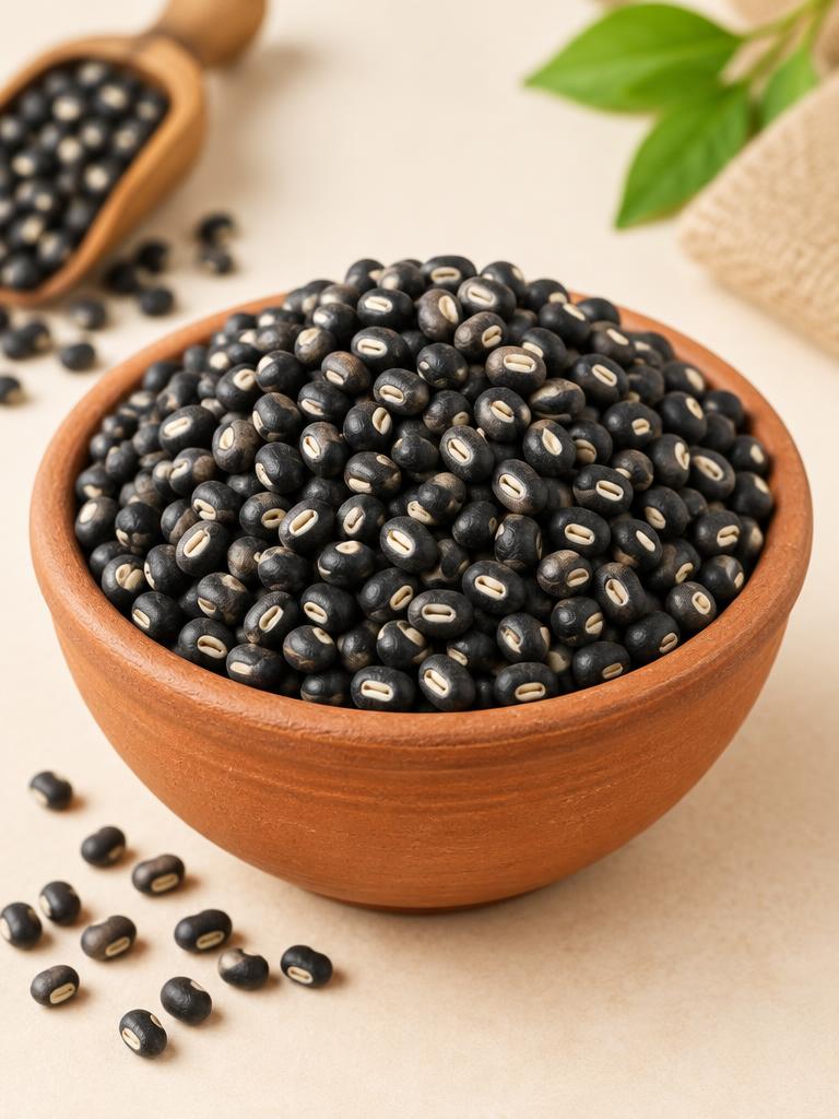 Whole black gram (minumulu) in a terracotta bowl