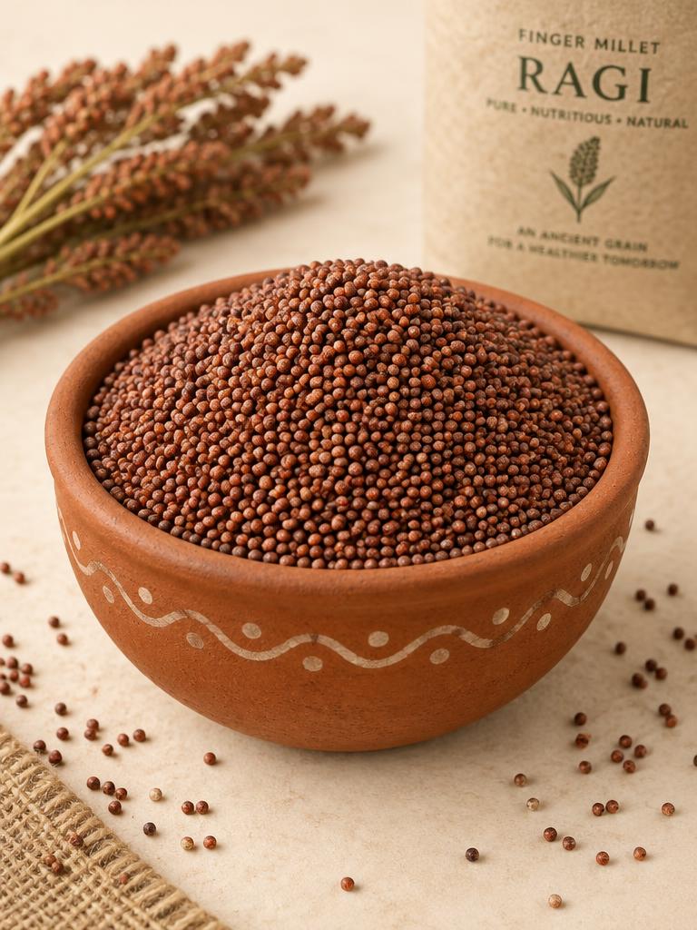 Whole ragi (finger millet) grains in a terracotta bowl